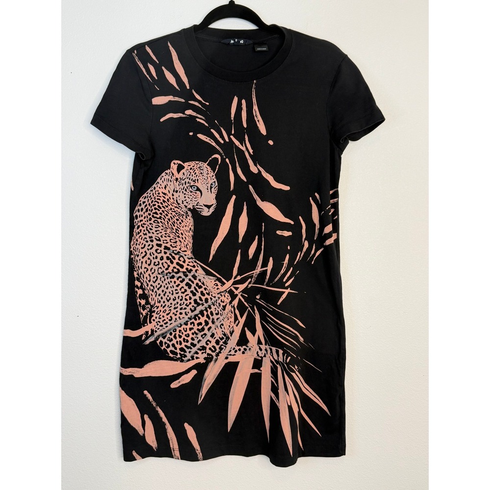 Desigual Women Black Pink Leopard Tropical Leaf Cotton T-Shirt Mini Dress Small